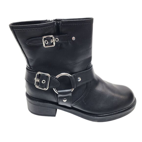 Black Leather Moto Ankle Boots With Decorative Buckles & Side Zip Size 10 - Picture 6 of 10